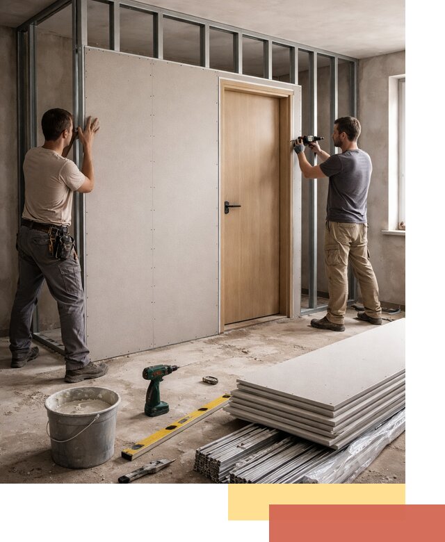 Перегородка из гипсокартона с дверью под ключ в Морозовске