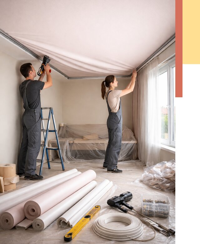 Монтаж цветного натяжного потолка в Морозовске от 4312 руб/м² — быстро и недорого | ОТДЕЛОЧНИК-Мрз