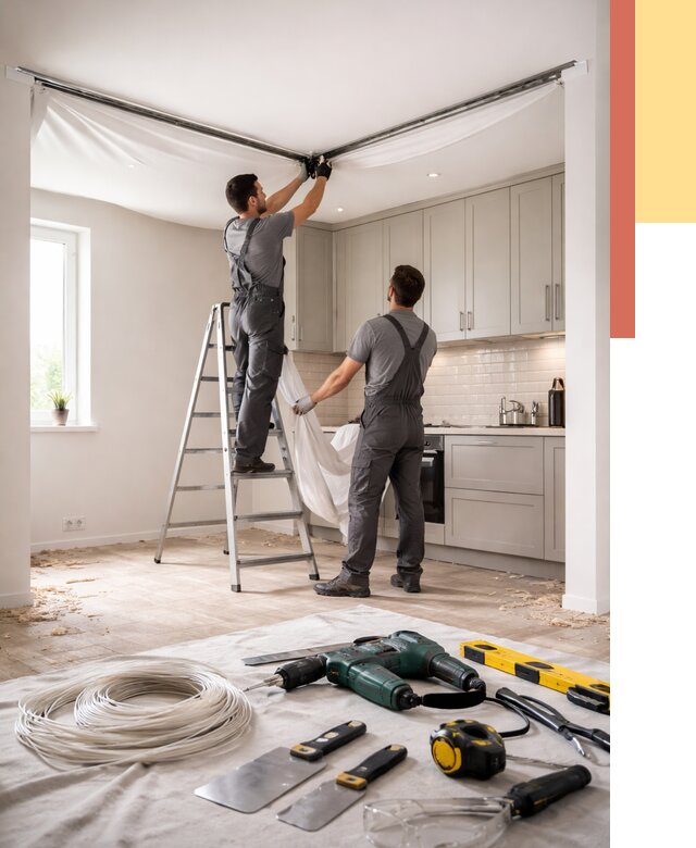 Установка натяжного потолка на кухне в Морозовске от 2464 руб. | ОТДЕЛОЧНИК-Мрз